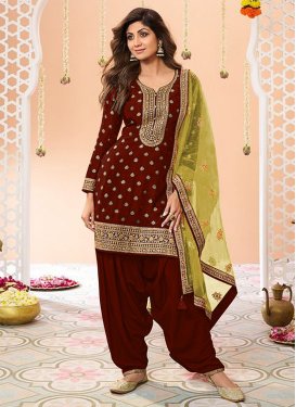 Shilpa Shetty Embroidered Work Punjabi Salwar Suit For Ceremonial in Maroon
