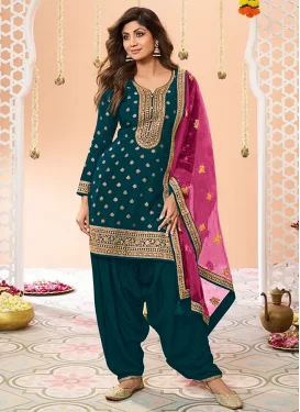 Shilpa Shetty Embroidered Work Punjabi Salwar Suit For Ceremonial in Teal