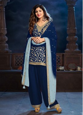 Shilpa Shetty Embroidered Work Straight Suit For Ceremonial in Navy Blue