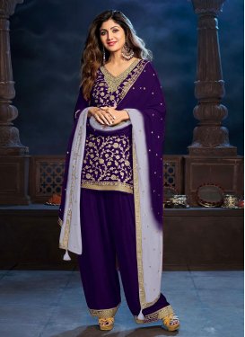 Shilpa Shetty Embroidered Work Straight Suit For Festival in Purple