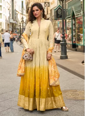 Shimmer Designer Gown in Cream and Mustard with Embroidered Work for Women
