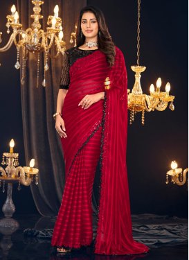 Shimmer Georgette Embroidered Work Black and Red Designer Contemporary Saree