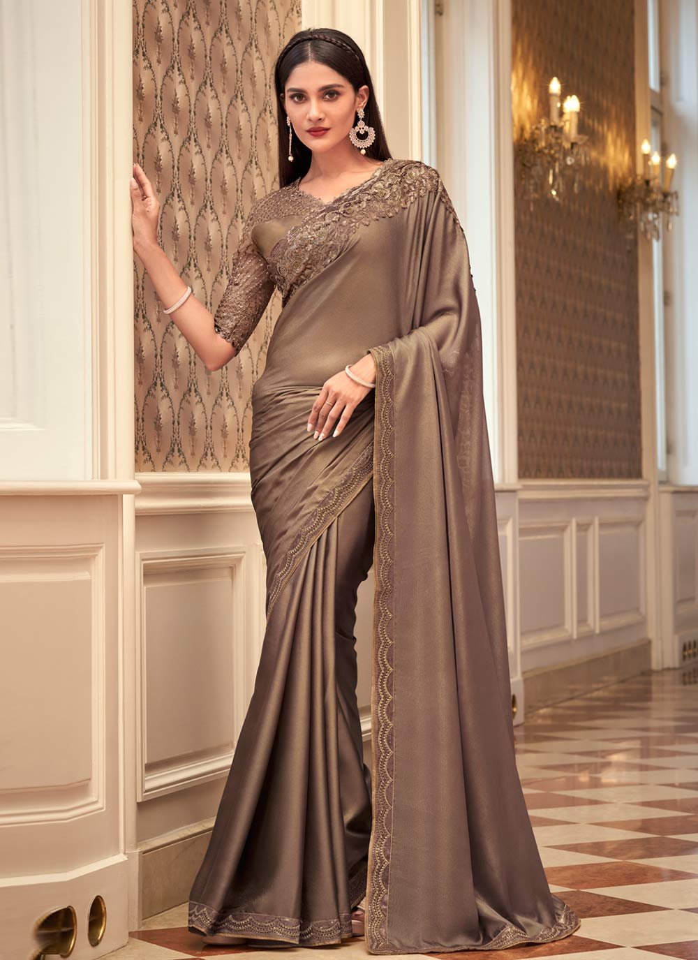 Beige Net Shimmer Saree with Blouse Online Shopping: SDS2888 | Party wear  sarees, Saree designs, Designer sarees online