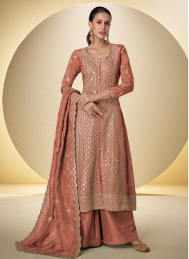 Shimmer Palazzo Suit with Embroidered Work in Peach