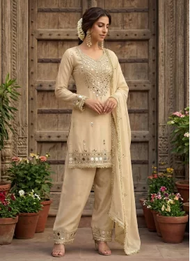 Shimmer Readymade Salwar Suit with Embroidered Work for Festival in Cream