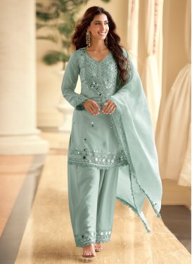Shimmer Straight Suit in Aqua Blue with Embroidered Work for Festival
