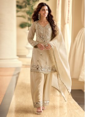 Shimmer Straight Suit with Embroidered Work for Festival in Cream