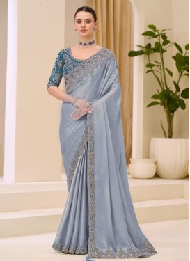 Shimmer Traditional Saree in Grey with Embroidered Work for Festival