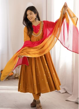 Silk Blend Anarkali Suit in Magenta and Mustard with Embroidered Work for Ceremonial