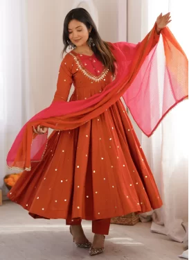 Silk Blend Anarkali Suit in Magenta and Orange with Embroidered Work for Festival