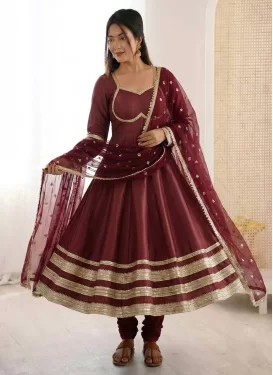 Silk Blend Anarkali Suit in Maroon with Embroidered Work for Festival
