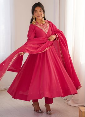 Silk Blend Anarkali Suit in Rose Pink with Lace Work for Women