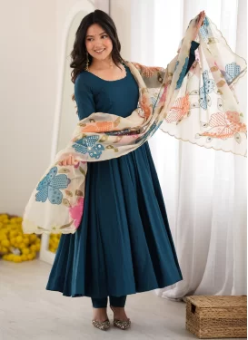 Silk Blend Anarkali Suit with Beads Work in Teal