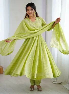 Silk Blend Anarkali Suit with Embroidered Work for Ceremonial in Mint Green