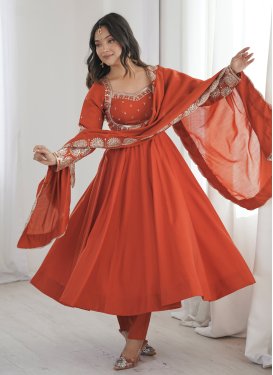 Silk Blend Anarkali Suit with Embroidered Work for Festival in Orange