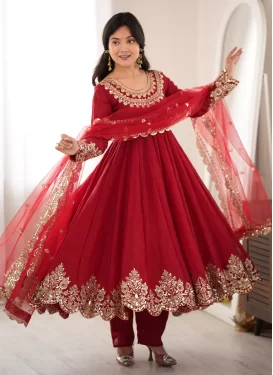 Silk Blend Anarkali Suit with Embroidered Work for Women in Red