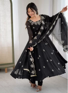 Silk Blend Anarkali Suit with Embroidered Work in Black for Festival