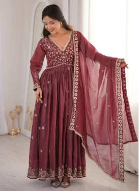 Silk Blend Anarkali Suit with Embroidered Work in Crimson for Ceremonial