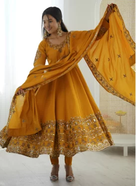 Silk Blend Anarkali Suit with Embroidered Work in Mustard