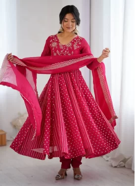 Silk Blend Anarkali Suit with Embroidered Work in Rose Pink