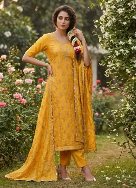 Silk Blend Beads Work Straight Suit in Mustard