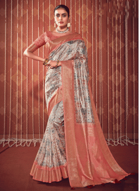 Silk Blend Beige and Salmon Traditional Designer Saree For Ceremonial