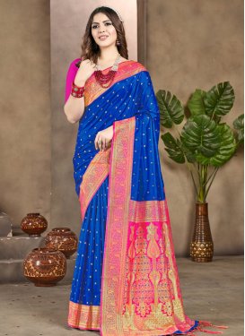 Silk Blend Blue and Rose Pink Woven Work Traditional Designer Saree