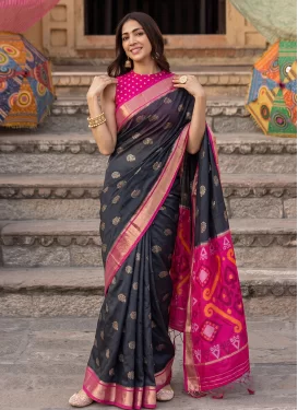 Silk Blend Classic Saree in Black and Rose Pink with Woven Work for Ceremonial