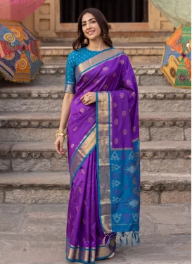 Silk Blend Classic Saree in Blue and Purple with Woven Work for Women