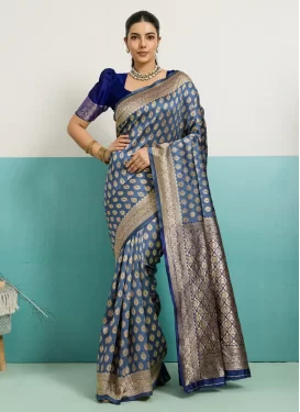Silk Blend Classic Saree in Blue with Woven Work for Casual