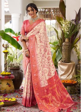 Silk Blend Classic Saree in Cream and Salmon with Woven Work for Women