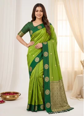 Silk Blend Classic Saree in Green and Mint Green with Woven Work for Women