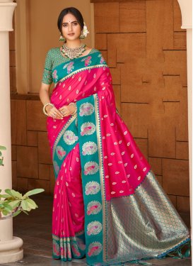 Silk Blend Classic Saree in Rose Pink and Teal with Woven Work for Festival