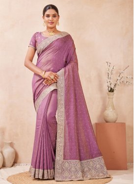Silk Blend Classic Saree with Embroidered Work for Festival in Hot Pink
