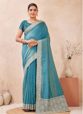 Silk Blend Classic Saree with Embroidered Work for Festival in Light Blue