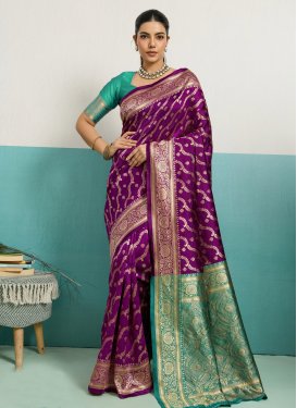 Silk Blend Classic Saree with Woven Work for Casual in Purple and Sea Green