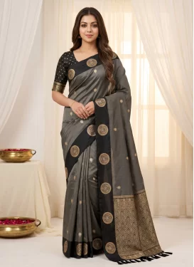Silk Blend Classic Saree with Woven Work for Ceremonial in Black and Grey