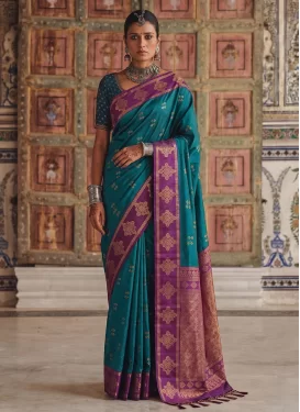 Silk Blend Classic Saree with Woven Work for Ceremonial in Purple and Teal