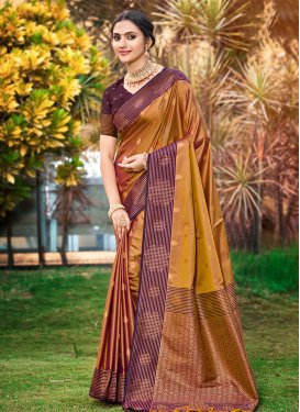 Silk Blend Classic Saree with Woven Work for Party in Gold and Wine