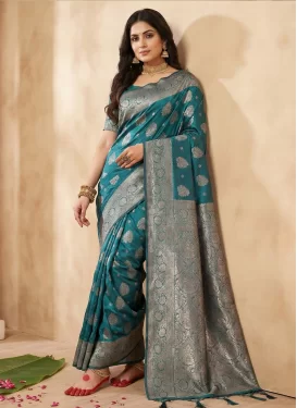 Silk Blend Classic Saree with Woven Work for Women in Aqua Blue