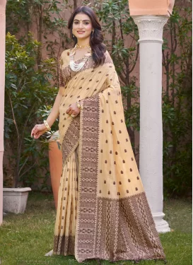 Silk Blend Classic Saree with Woven Work for Women in Beige and Brown