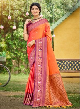 Silk Blend Classic Saree with Woven Work for Women in Magenta and Orange
