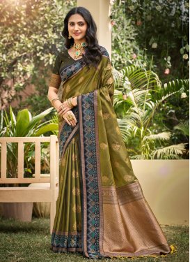 Silk Blend Classic Saree with Woven Work for Women in Olive