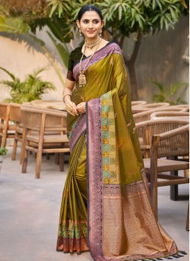 Silk Blend Classic Saree with Woven Work for Women in Olive