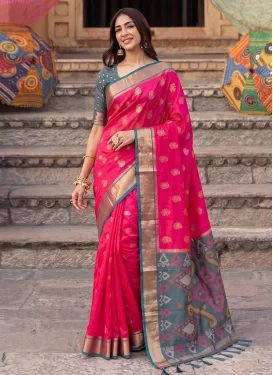 Silk Blend Classic Saree with Woven Work for Women in Rose Pink and Teal