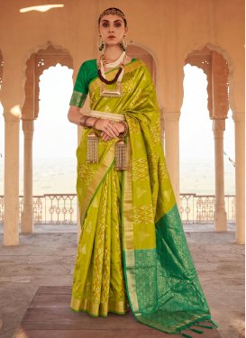 Silk Blend Classic Saree with Woven Work in Green and Olive for Ceremonial