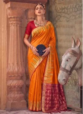Silk Blend Classic Saree with Woven Work in Orange and Red for Ceremonial