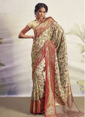 Silk Blend Cream and Red Woven Work Designer Traditional Saree
