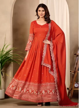 Silk Blend Designer Gown with Embroidered Work for Festival in Tomato