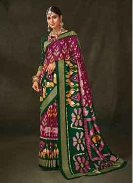 Silk Blend Digital Print Work Green and Purple Designer Traditional Saree